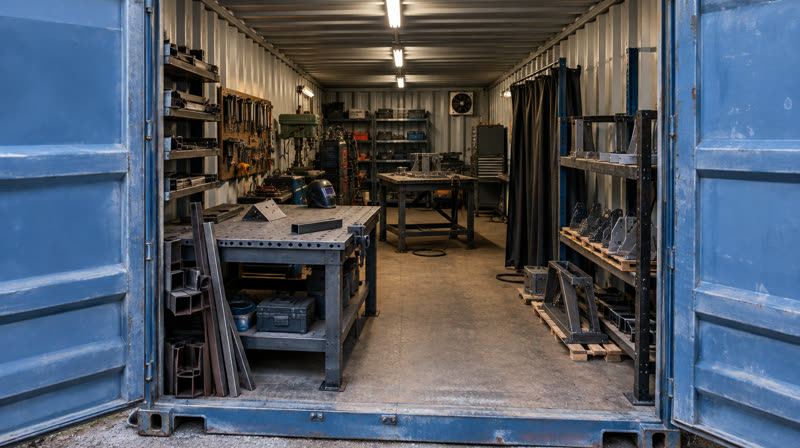 Geöffneter Werkstattcontainer mit Schweißtisch, Stahlprofilen und Regalen