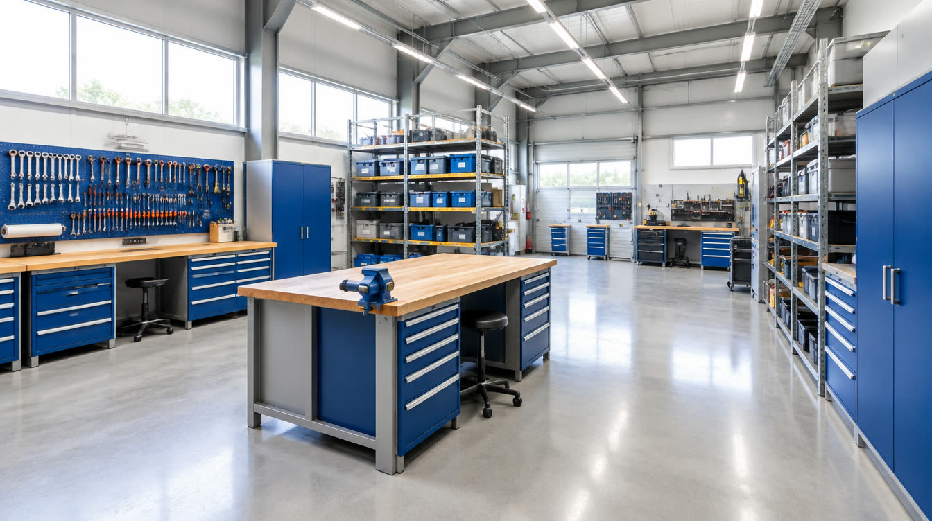 Werkstatt mit Werkbänken, Schubladenschränken, Lochwand und Regalen in einer hellen Halle