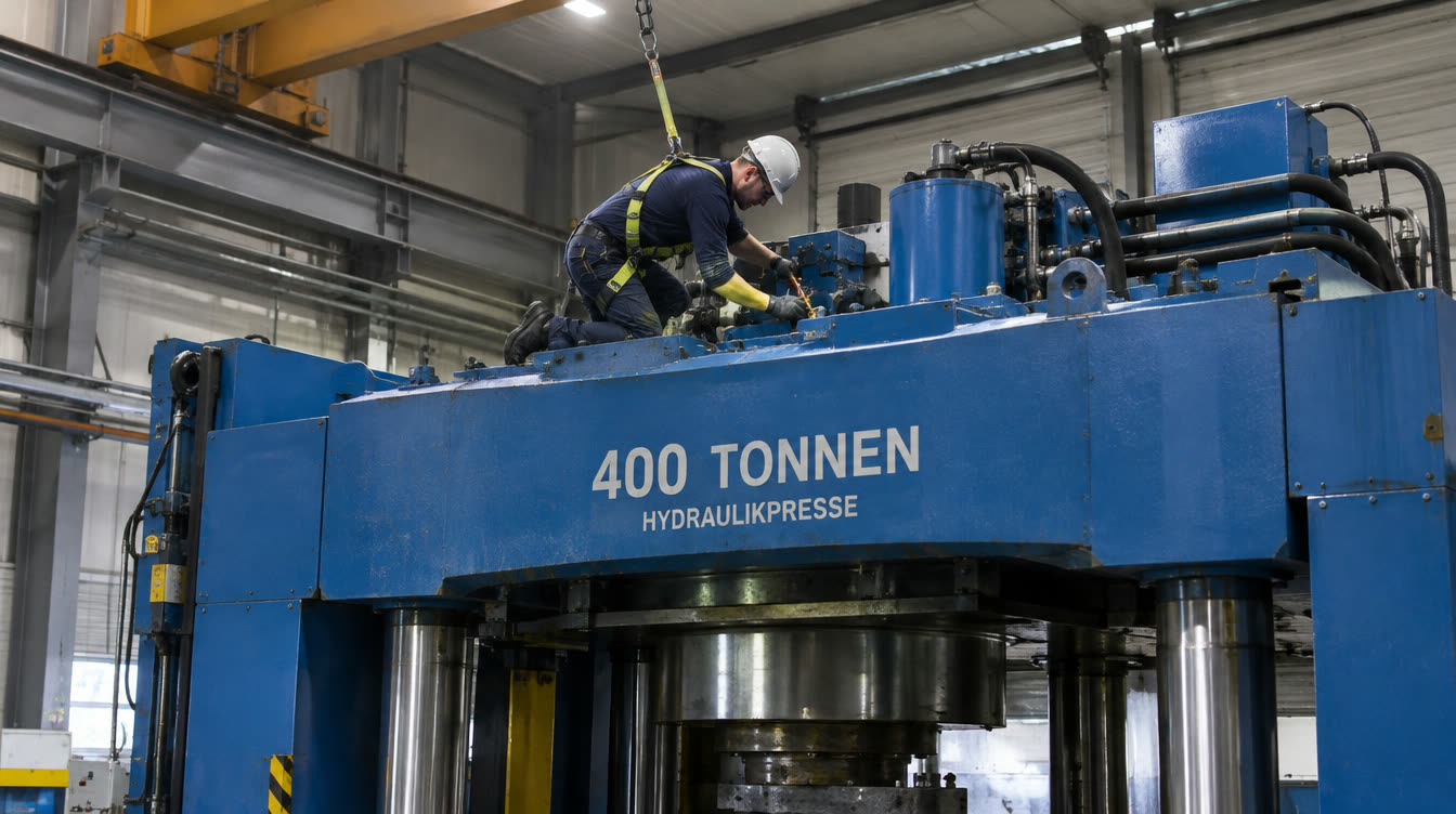 Monteur mit Helm und Absturzsicherung arbeitet an einer großen Hydraulikpresse